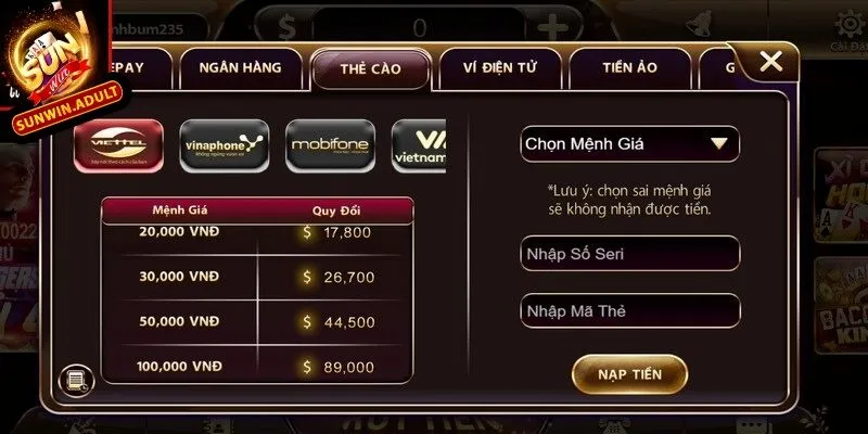 Nạp tiền sunwin 2 Các bước nạp tiền Sunwin qua thẻ cào đơn giản mà miễn phí